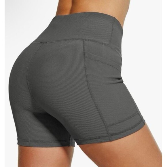 NWT Hodo Sports Women's S Nylon Ribbed Gray  Biker Shorts Gym Workout 5" Pockets - Picture 3 of 7